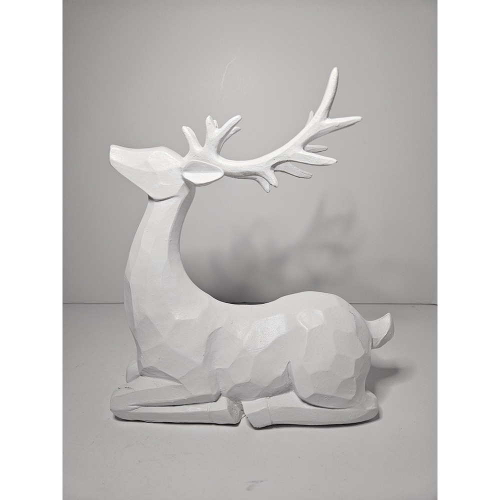 White Geometric Seated Reindeer Figurine Modern Christmas Tabletop Decor 9 Inch